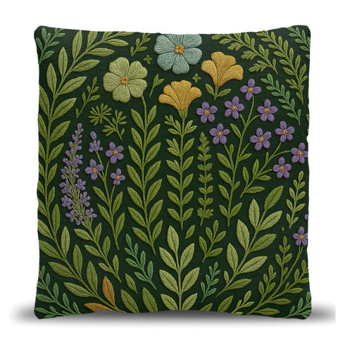 A rectangular 17x18-inch decorative throw pillow featuring a botanical woven tapestry design with embroidered flowers and leaves in green, yellow, and purple tones on a dark green background. The pillow has a double-sided print and is filled with plush poly fill, sewn closed for a soft and cozy finish. Ideal for whimsigoth decor, garden-inspired living spaces, or as a thoughtful embroidered home gift.